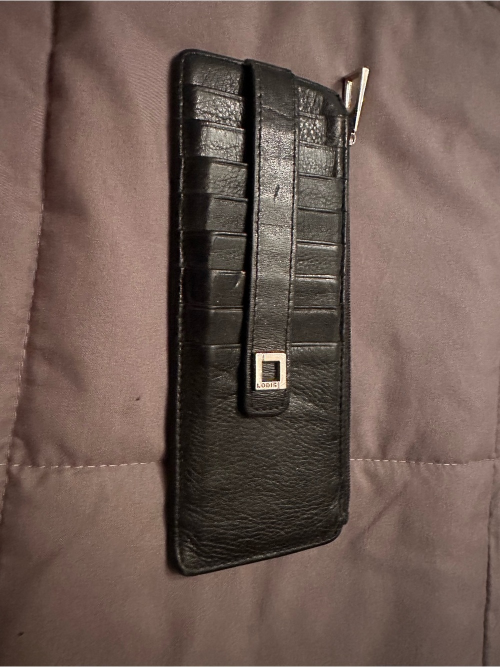 Lodis Black Leather Zip Wallet with Strap Accent